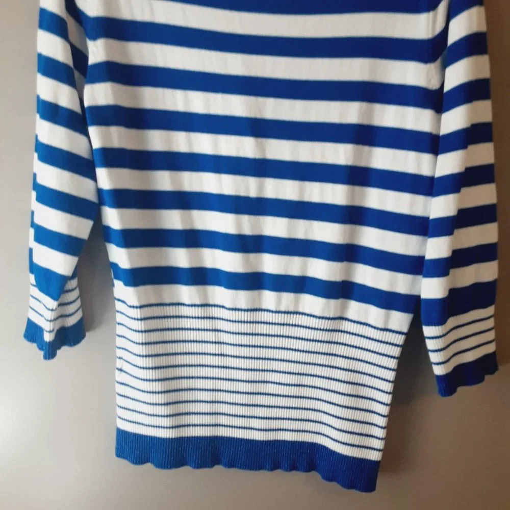 Belldini Striped Cardigan, V-neck, 3/4 Sleeve, Royal Blue & White | Medium - Picture 10 of 14